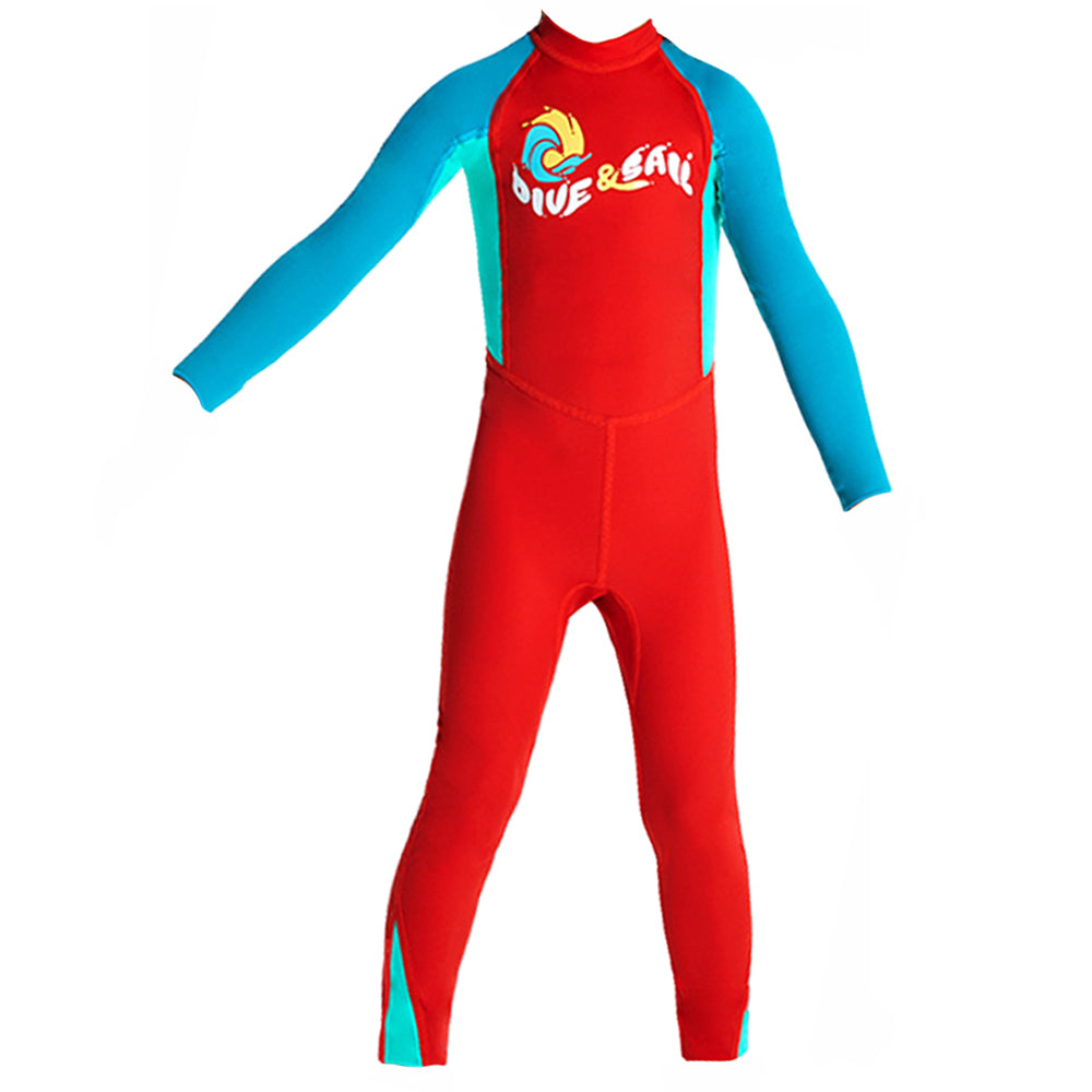 Full Length Dive Red & Teal Green Printed Kids Swimwear In Upf 50+ Fabric