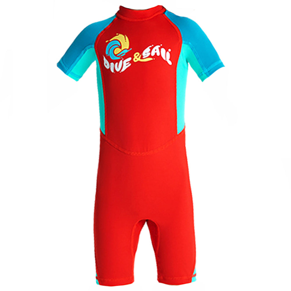 Knee Length Dive Red & Teal Green Printed Kids Swimwear In Upf 50+ Fabric