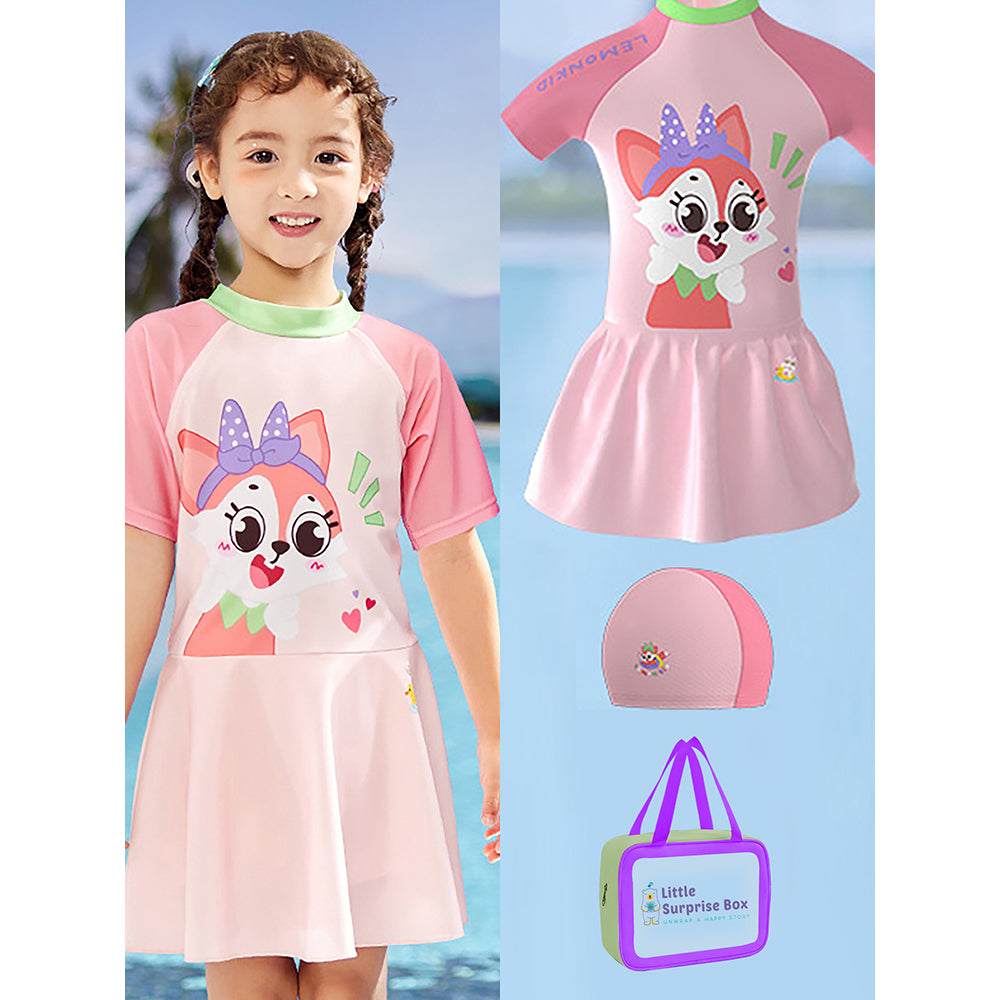 Cute Foxy Frock Style Kids Swimwear With Attached Shorts And Matching Swim Cap For Kids With UPF 50+ 