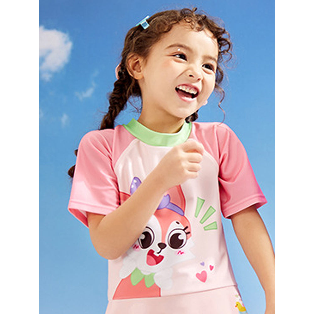 Cute Foxy Frock Style Kids Swimwear With Attached Shorts And Matching Swim Cap For Kids With UPF 50+ 