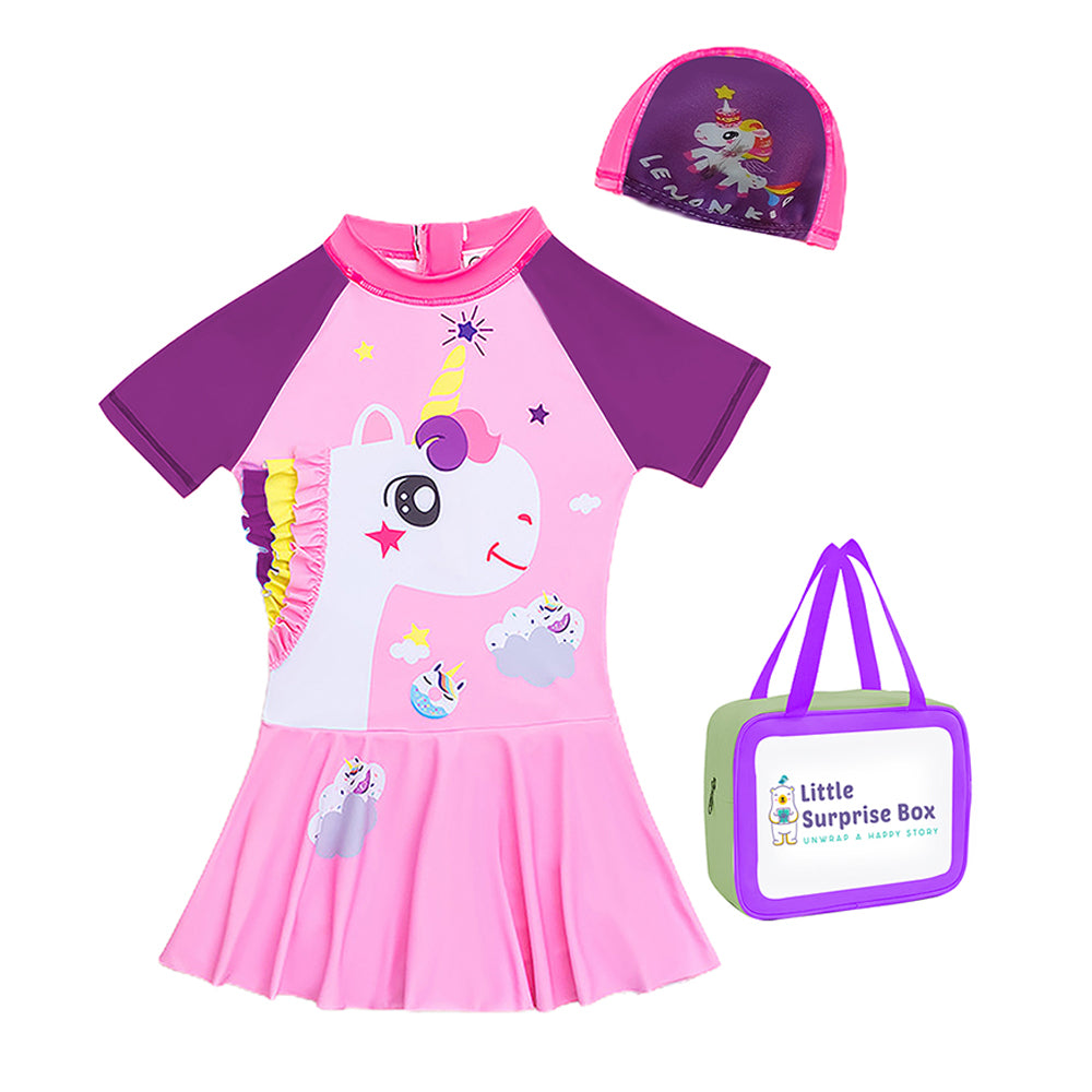 Frill Unicorn Frock style Kids Swimwear with attached shorts&matching Swim Cap