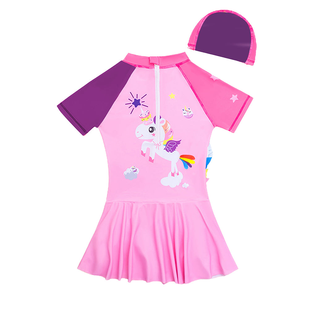 Frill Unicorn Frock style Kids Swimwear with attached shorts&matching Swim Cap