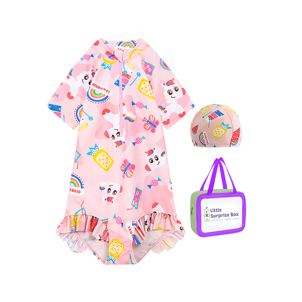 Pink Fruits & Rainbow Kids Swimwear with matching Swim Cap with UPF 50+&Free Washbag