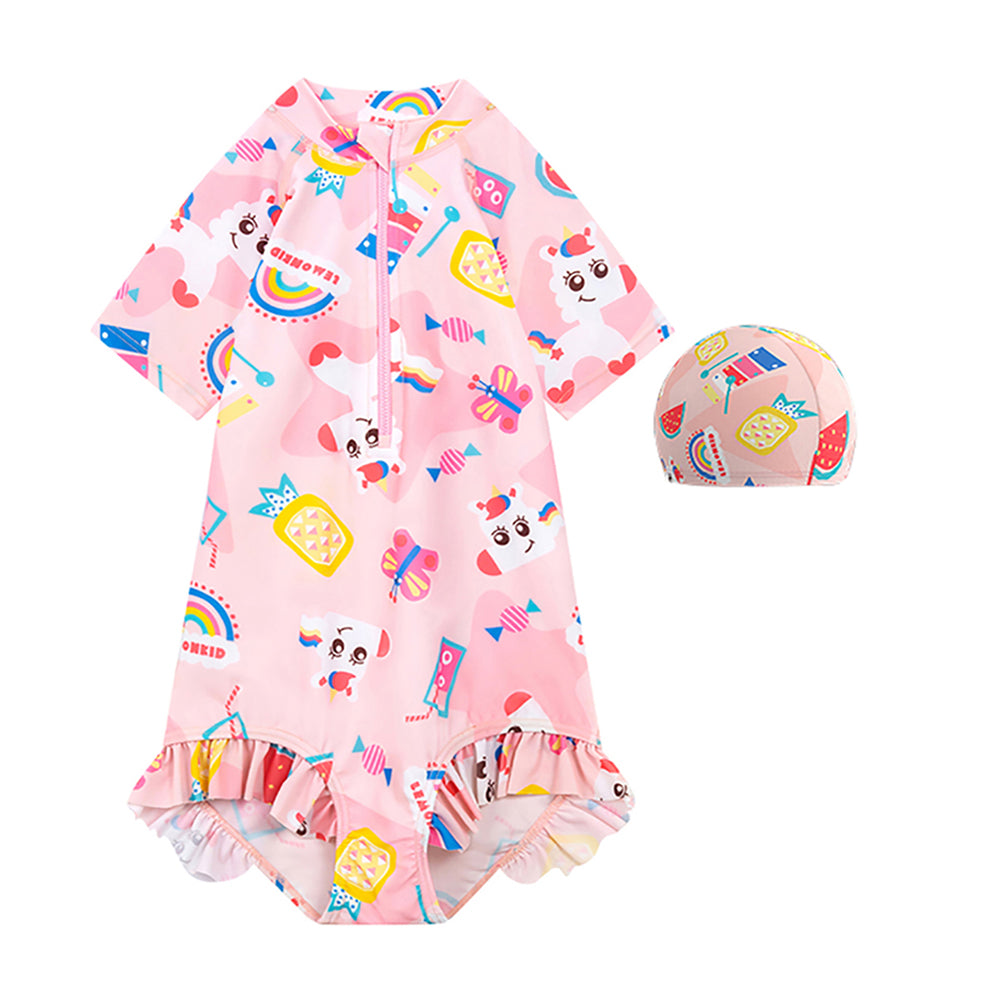 Pink Fruits & Rainbow Kids Swimwear with matching Swim Cap with UPF 50+