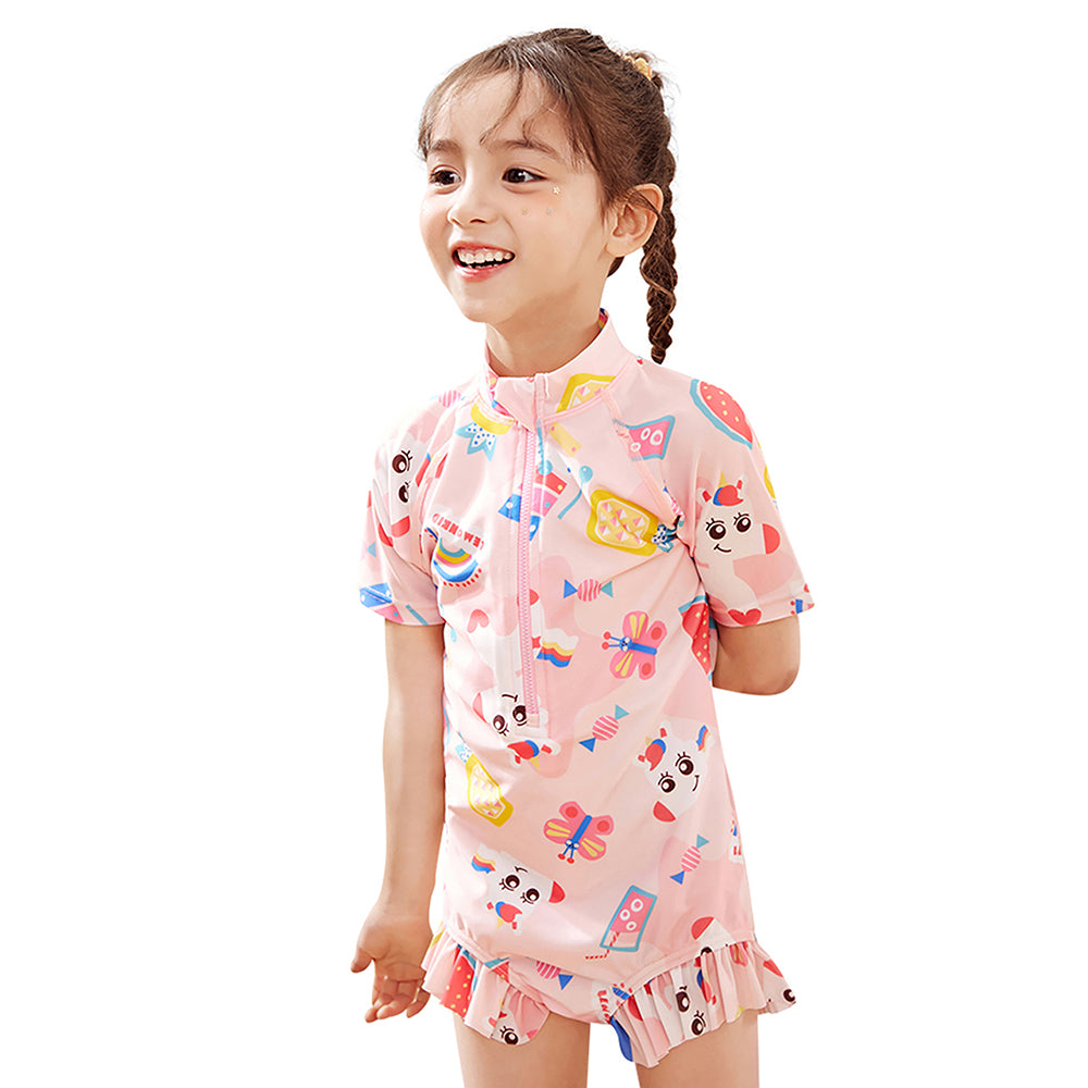 Pink Fruits & Rainbow Kids Swimwear with matching Swim Cap with UPF 50+&Free Washbag