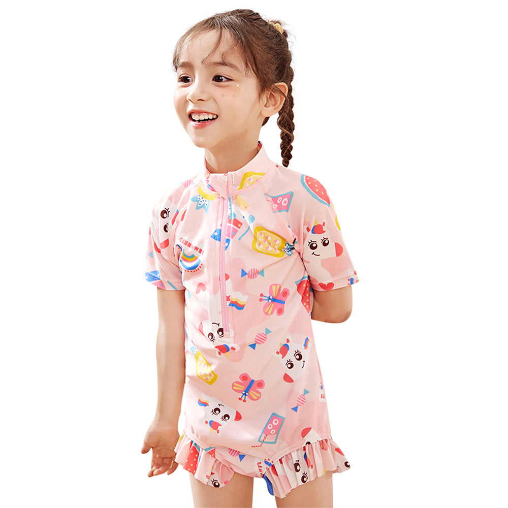 Pink Fruits & Rainbow Kids Swimwear with matching Swim Cap with UPF 50+