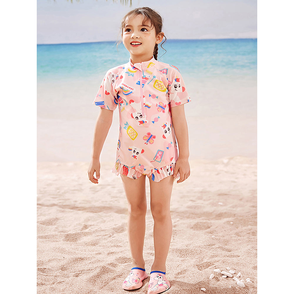 Pink Fruits & Rainbow Kids Swimwear with matching Swim Cap with UPF 50+&Free Washbag