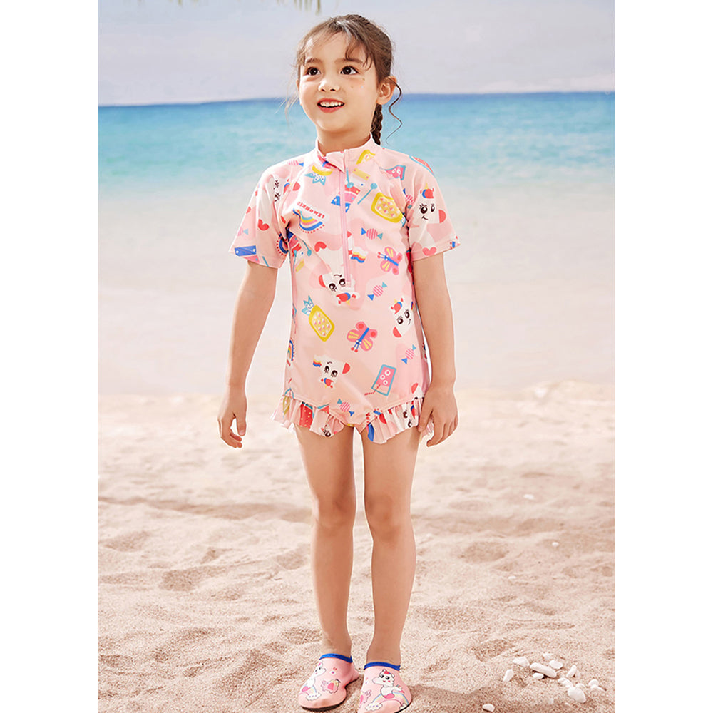 Pink Fruits & Rainbow Kids Swimwear with matching Swim Cap with UPF 50+