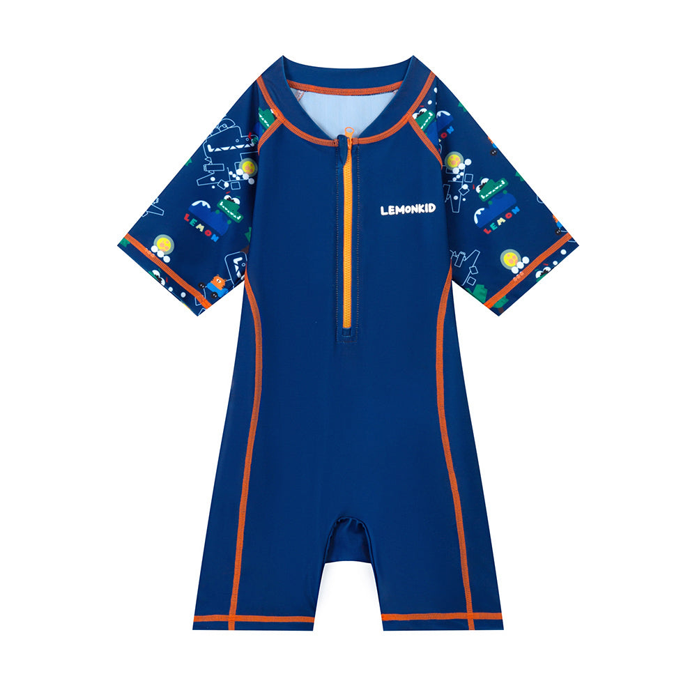 Dark Blue Geometric Alligator Kids Swimwear with matching Swim Cap with UPF 50+