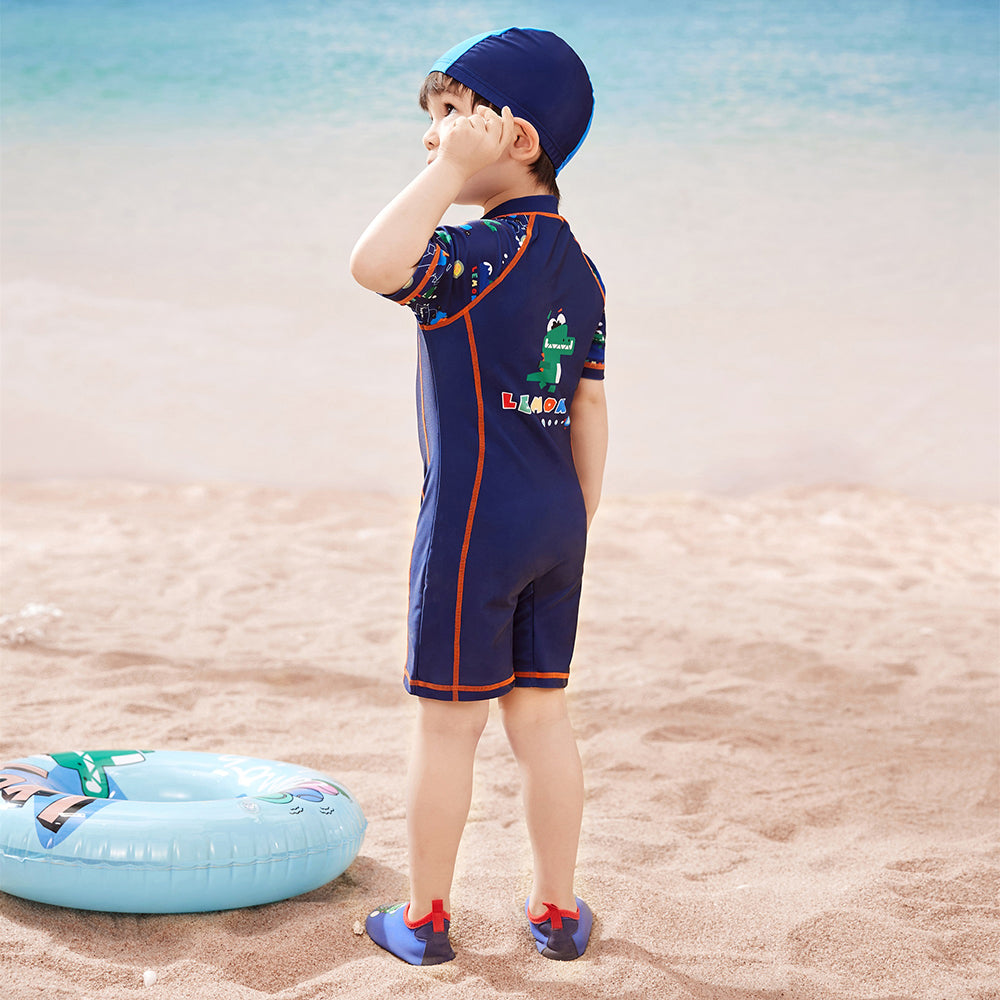 Dark Blue Geometric Alligator Kids Swimwear with matching Swim Cap with UPF 50+