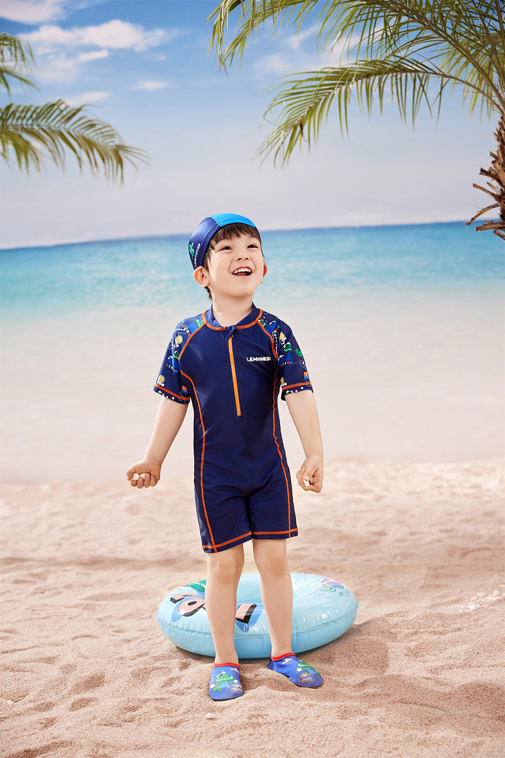 Dark Blue Geometric Alligator Kids Swimwear with matching Swim Cap with UPF 50+