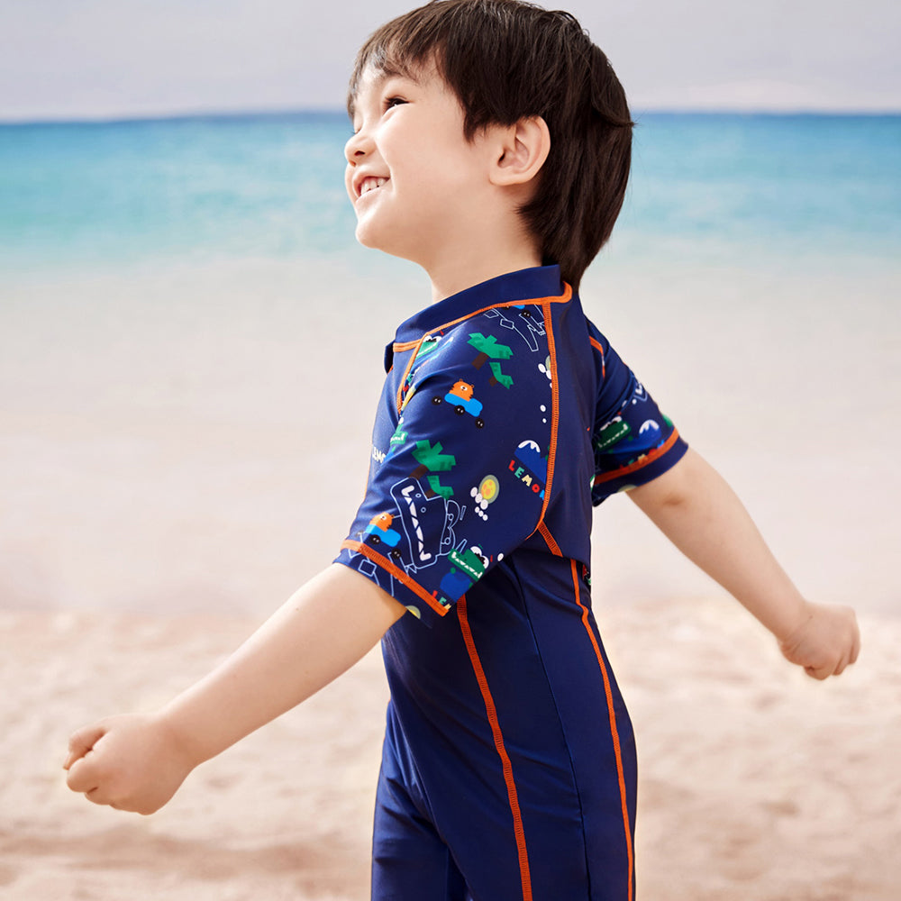 Dark Blue Geometric Alligator Kids Swimwear with matching Swim Cap with UPF 50+