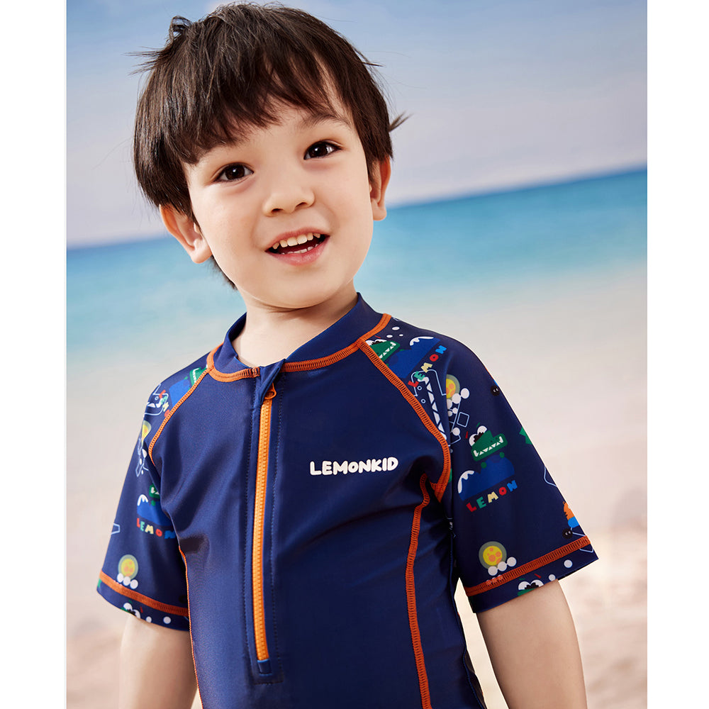 Dark Blue Geometric Alligator Kids Swimwear with matching Swim Cap with UPF 50+