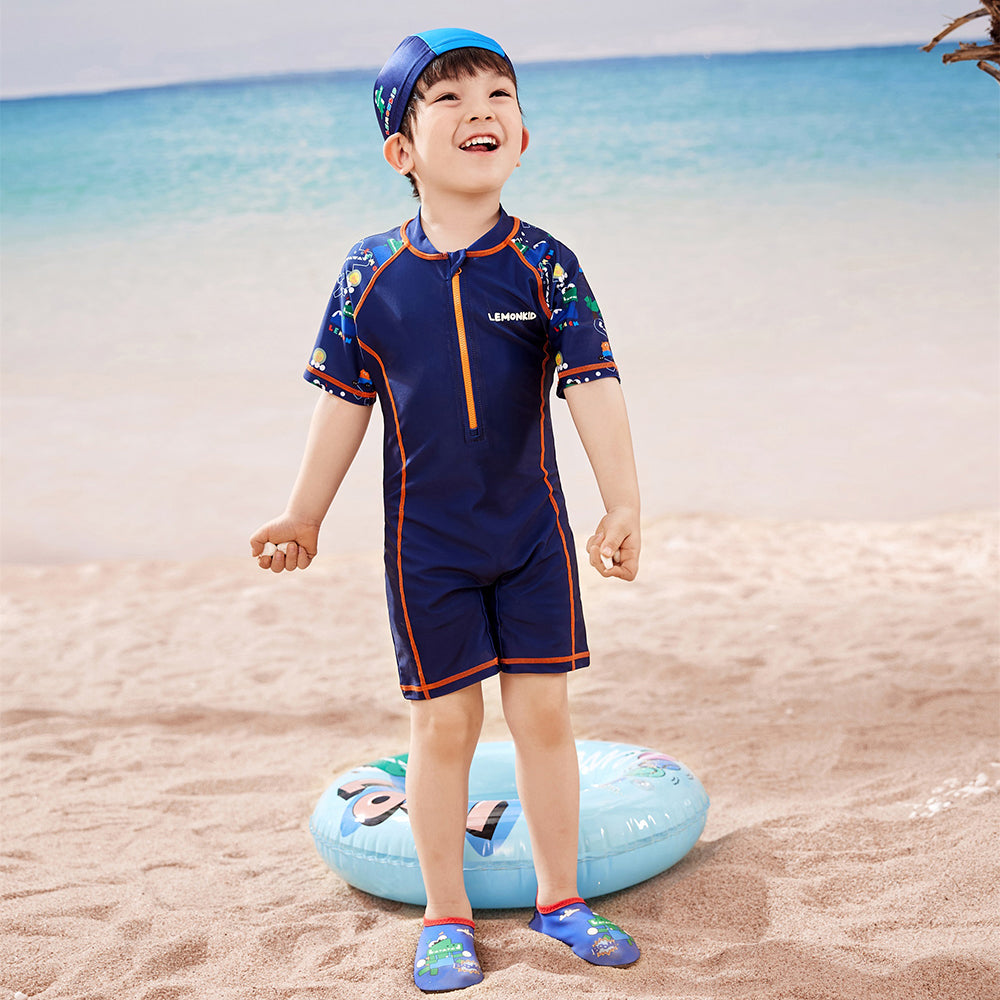 Dark Blue Geometric Alligator Kids Swimwear with matching Swim Cap with UPF 50+