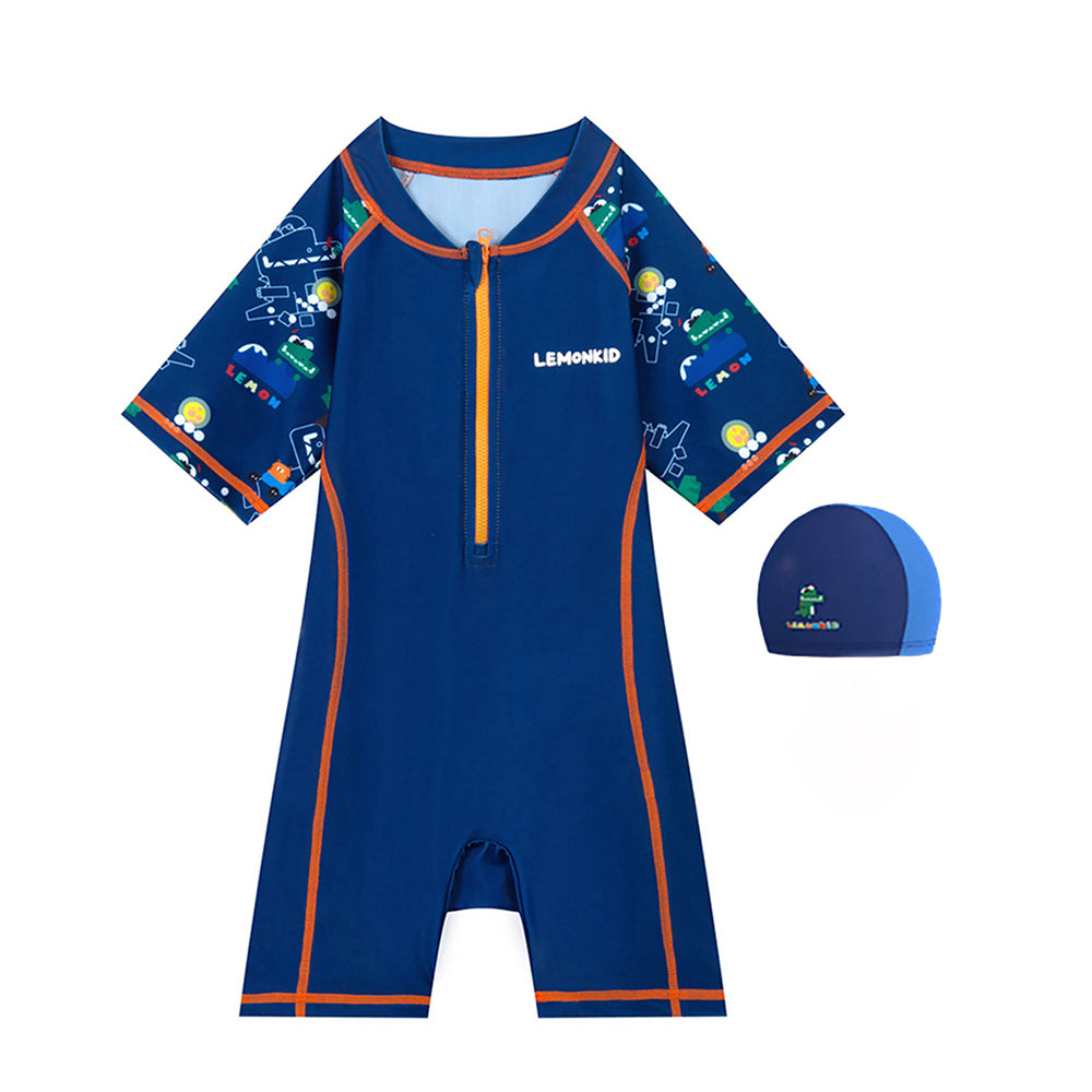 Dark Blue Geometric Alligator Kids Swimwear with matching Swim Cap with UPF 50+