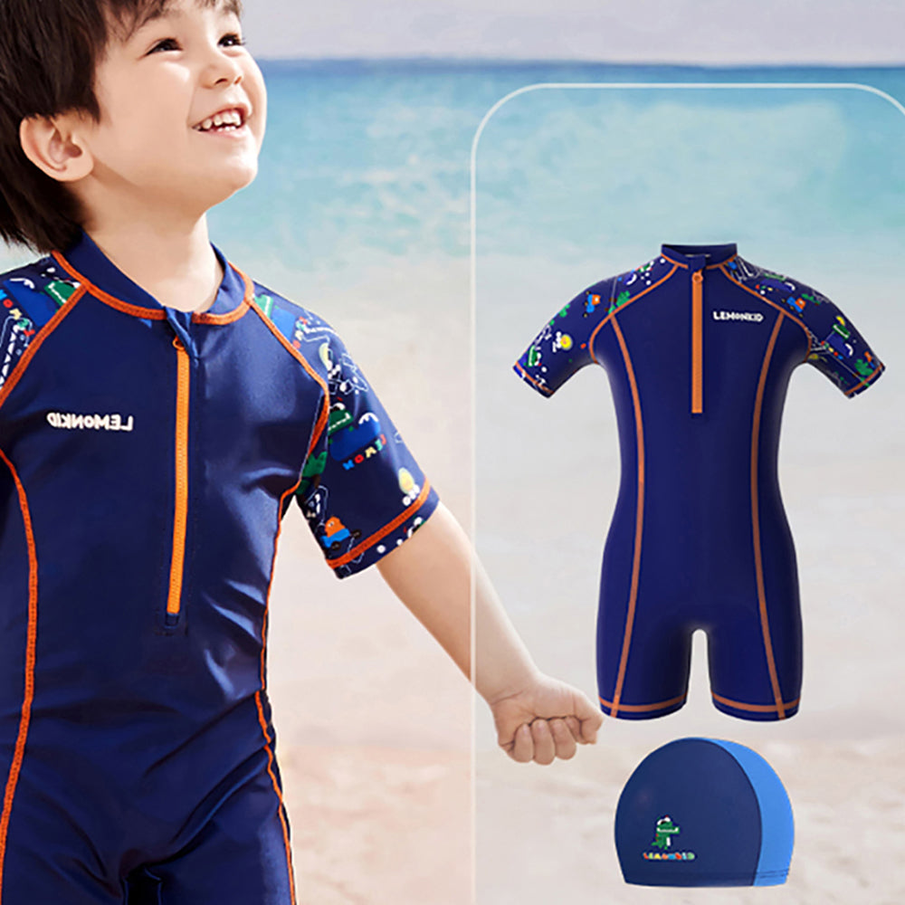 Dark Blue Geometric Alligator Kids Swimwear with matching Swim Cap with UPF 50+