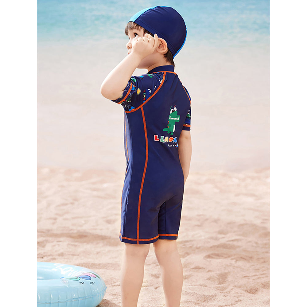 Dark Blue Geometric Alligator Kids Swimwear with matching Swim Cap with UPF 50+