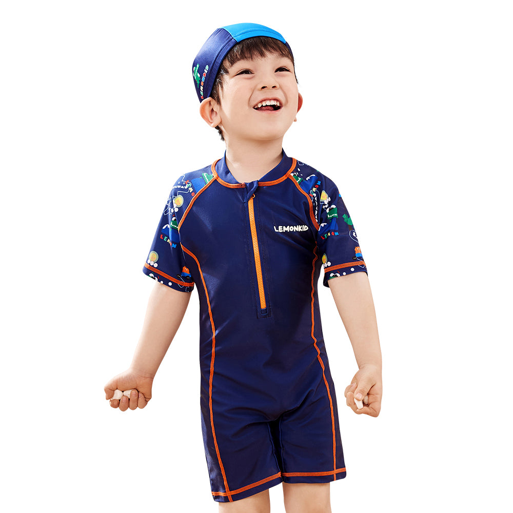 Dark Blue Geometric Alligator Kids Swimwear with matching Swim Cap with UPF 50+