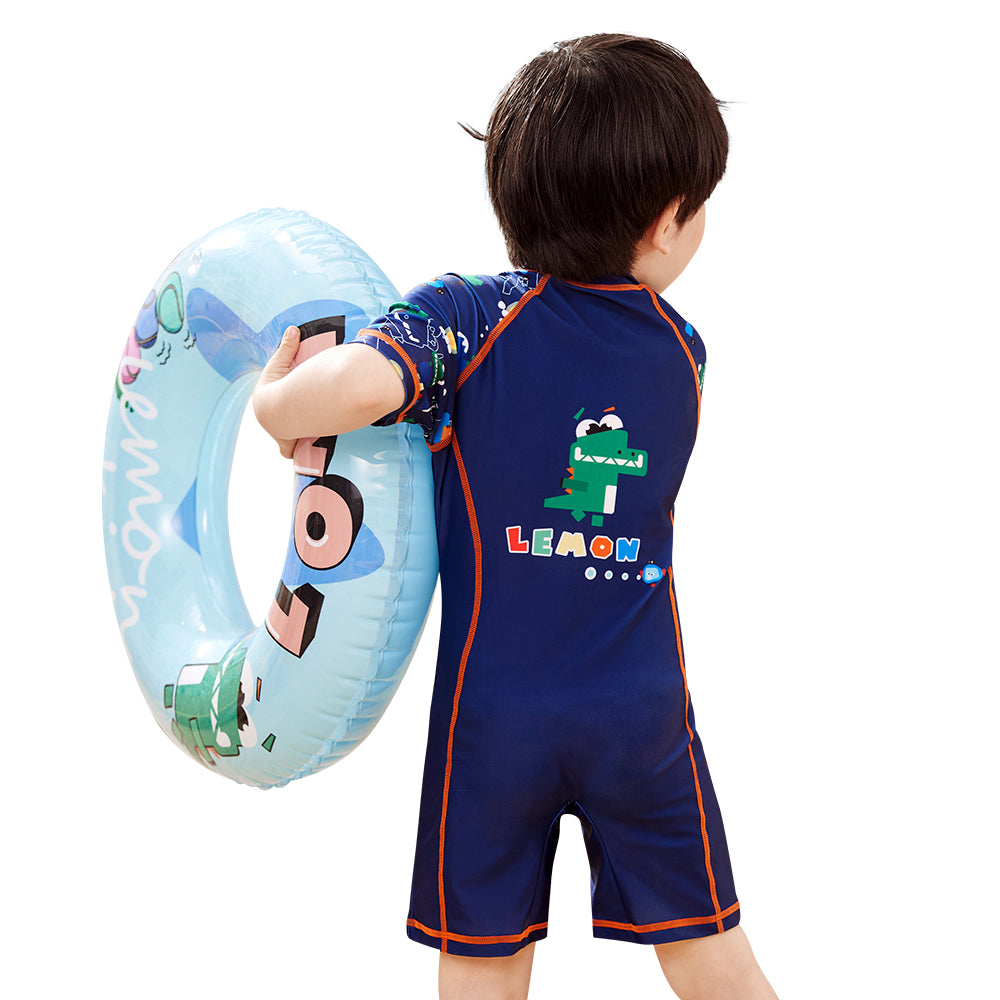 Dark Blue Geometric Alligator Kids Swimwear with matching Swim Cap with UPF 50+