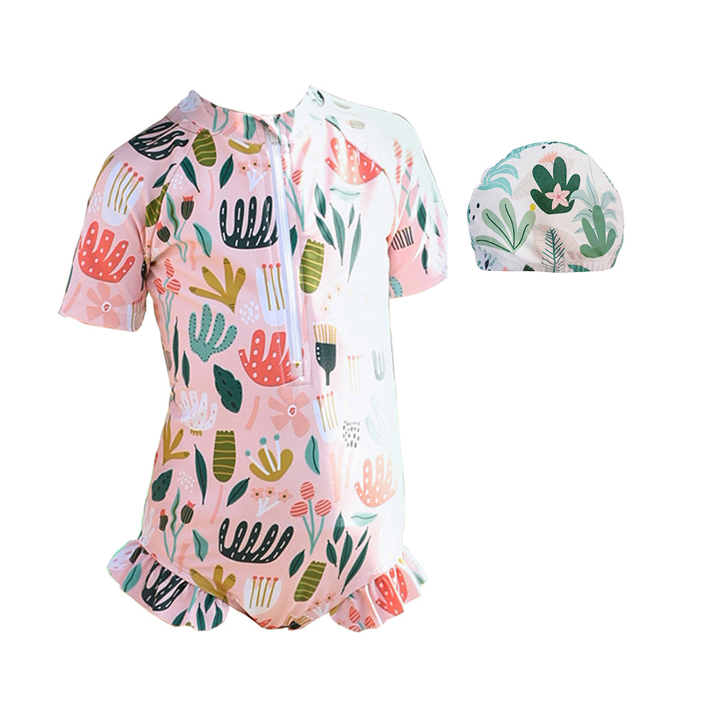 Little Surprise Box,Frilly Happy Cactus Print Toddlers & Kids Swimwear +Swim Cap