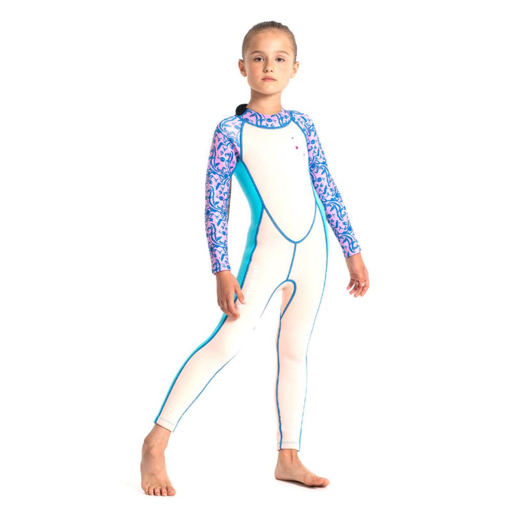 Lilac Printed SleevesPowder Pink Full Length Scuba Swimsuit 2.5mm Neoprene   Swimwear for water adventures for KidsTeens and Adults