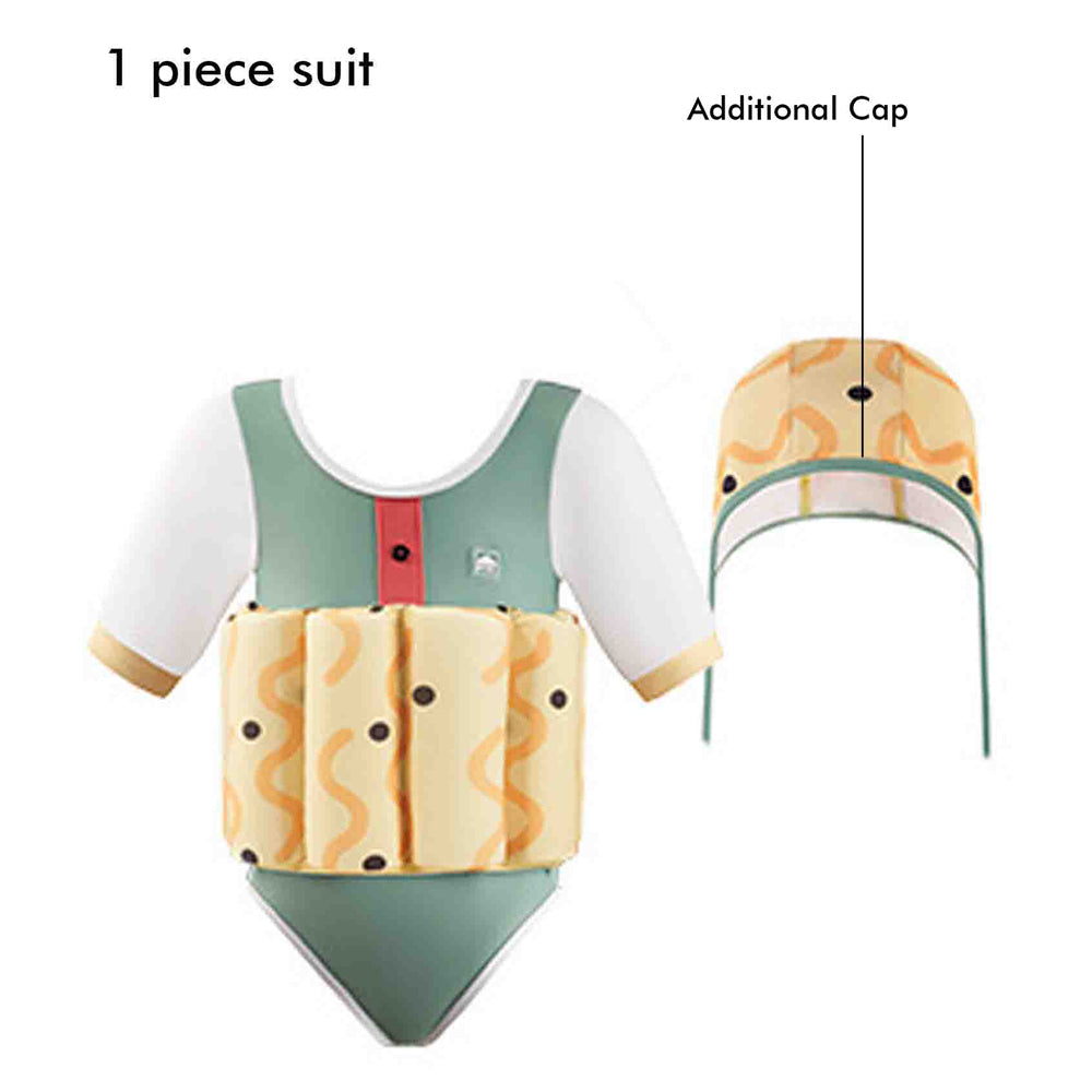 Little Surprise Box Olive & Yellow Curves Print Kids Swimsuit with attached Swim Floats +tie up cap in UPF 50+