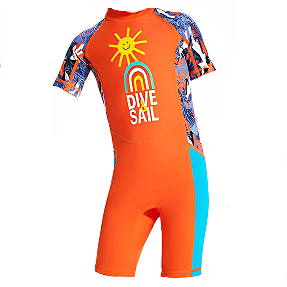 Half Sleeves Kids Swimwear Orange Sunshine Printed Knee Length,With Upf 50+