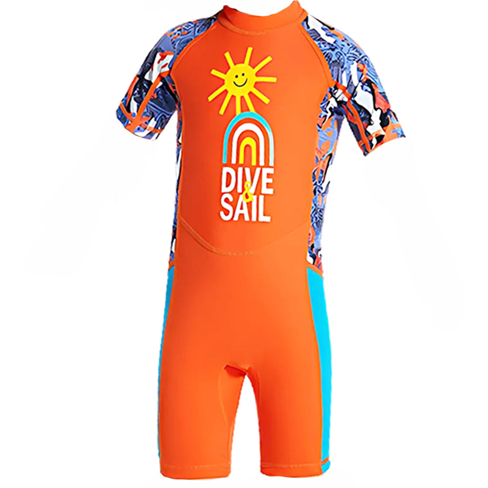 Half Sleeves Kids Swimwear Orange Sunshine Printed Knee Length,With Upf 50+
