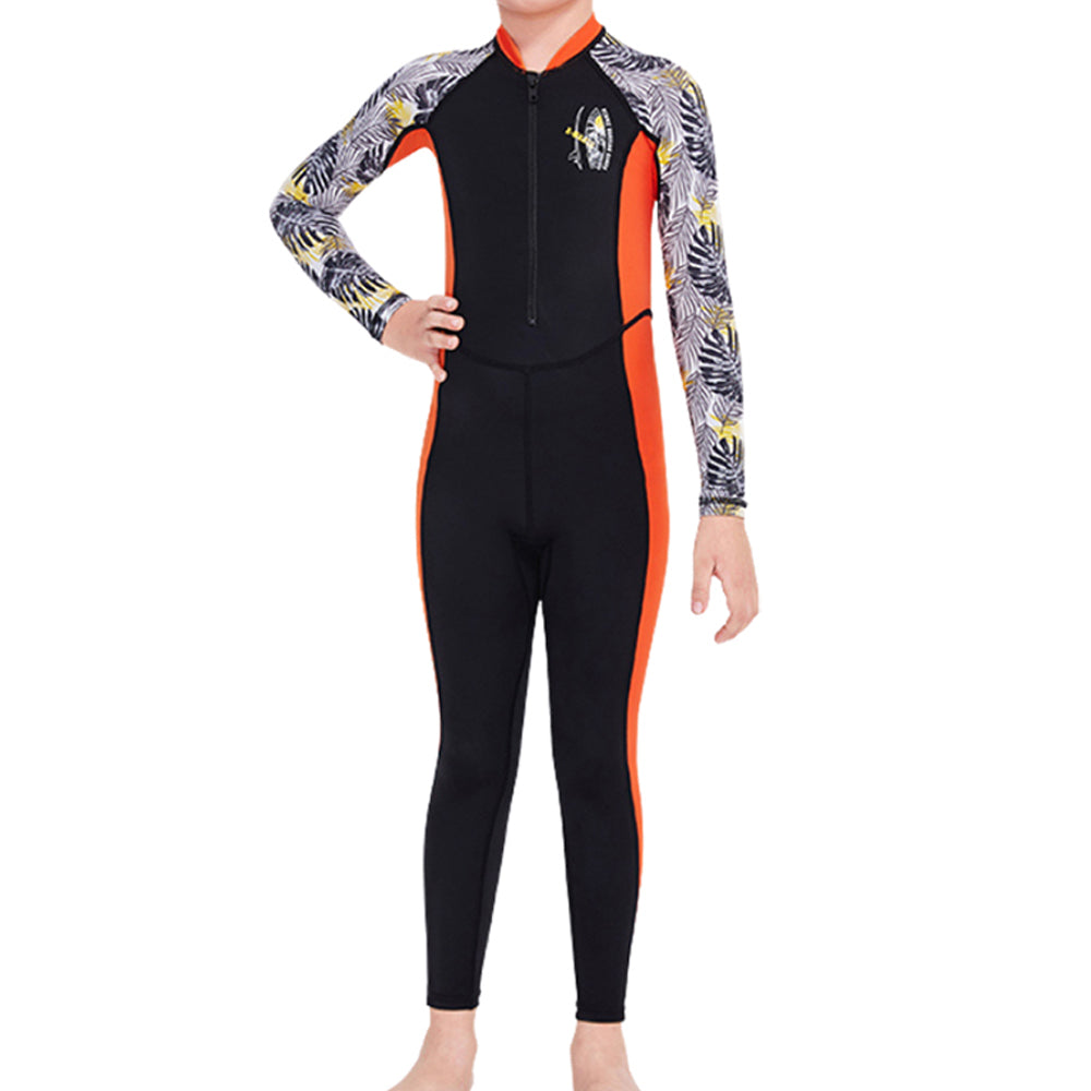 Box,Full Length Orange & Black Palm Leaves Printed Kids Swimwear In Upf 50+ Fabric