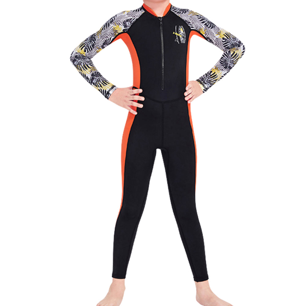 Box,Full Length Orange & Black Palm Leaves Printed Kids Swimwear In Upf 50+ Fabric