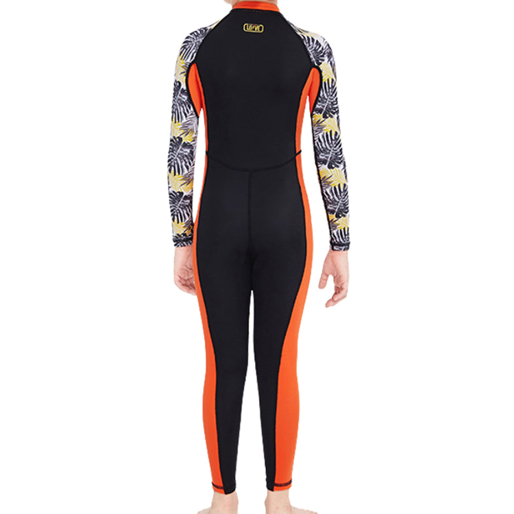 Box,Full Length Orange & Black Palm Leaves Printed Kids Swimwear In Upf 50+ Fabric