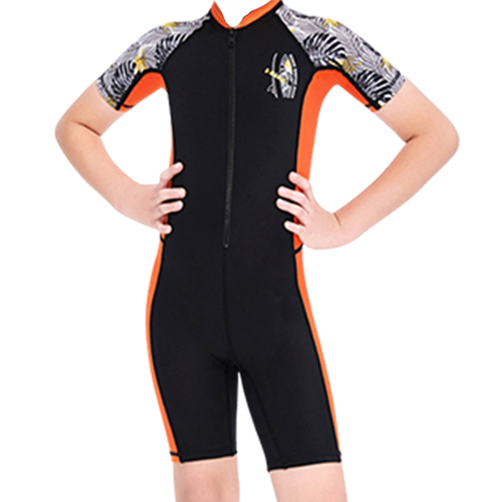 Knee Length Orange & Black Palm Leaves Printed Kids Swimwear In Upf 50+ Fabric
