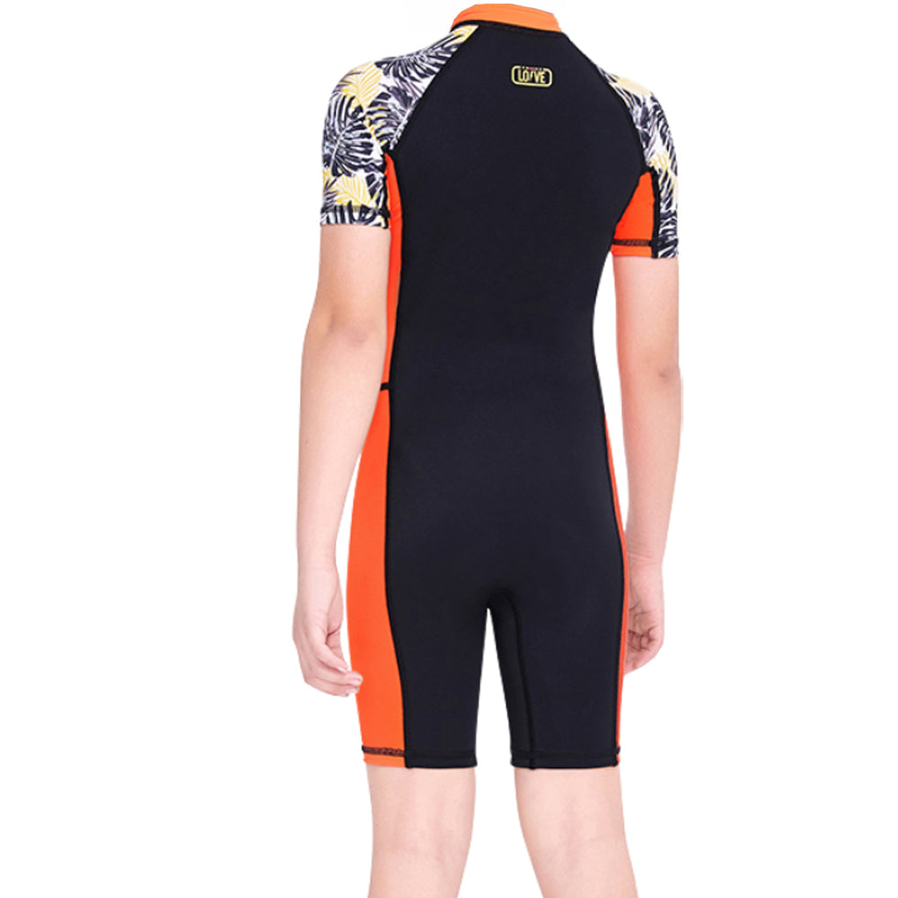 Knee Length Orange & Black Palm Leaves Printed Kids Swimwear In Upf 50+ Fabric