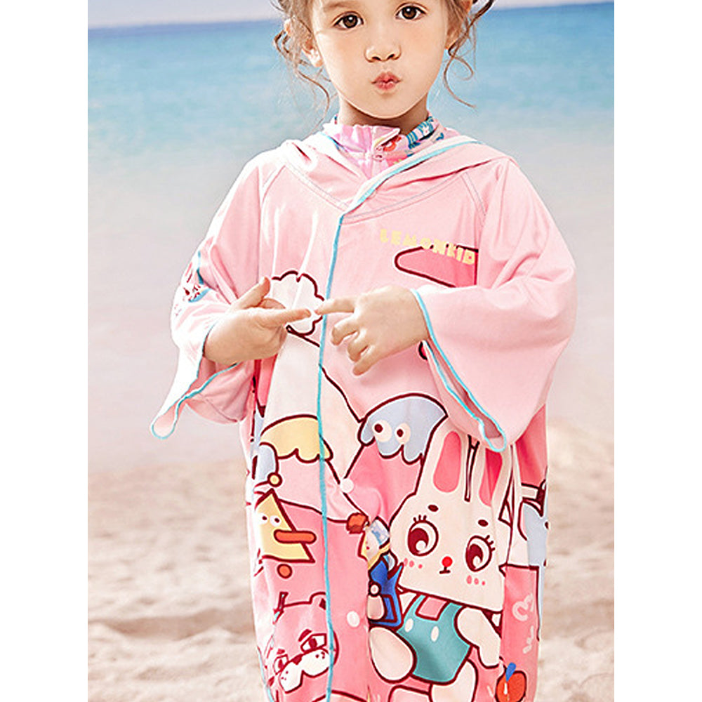 Pink Bunny Lightweight Microfibre Hooded Swim Poncho/ Beach Coverup Towel For Kids