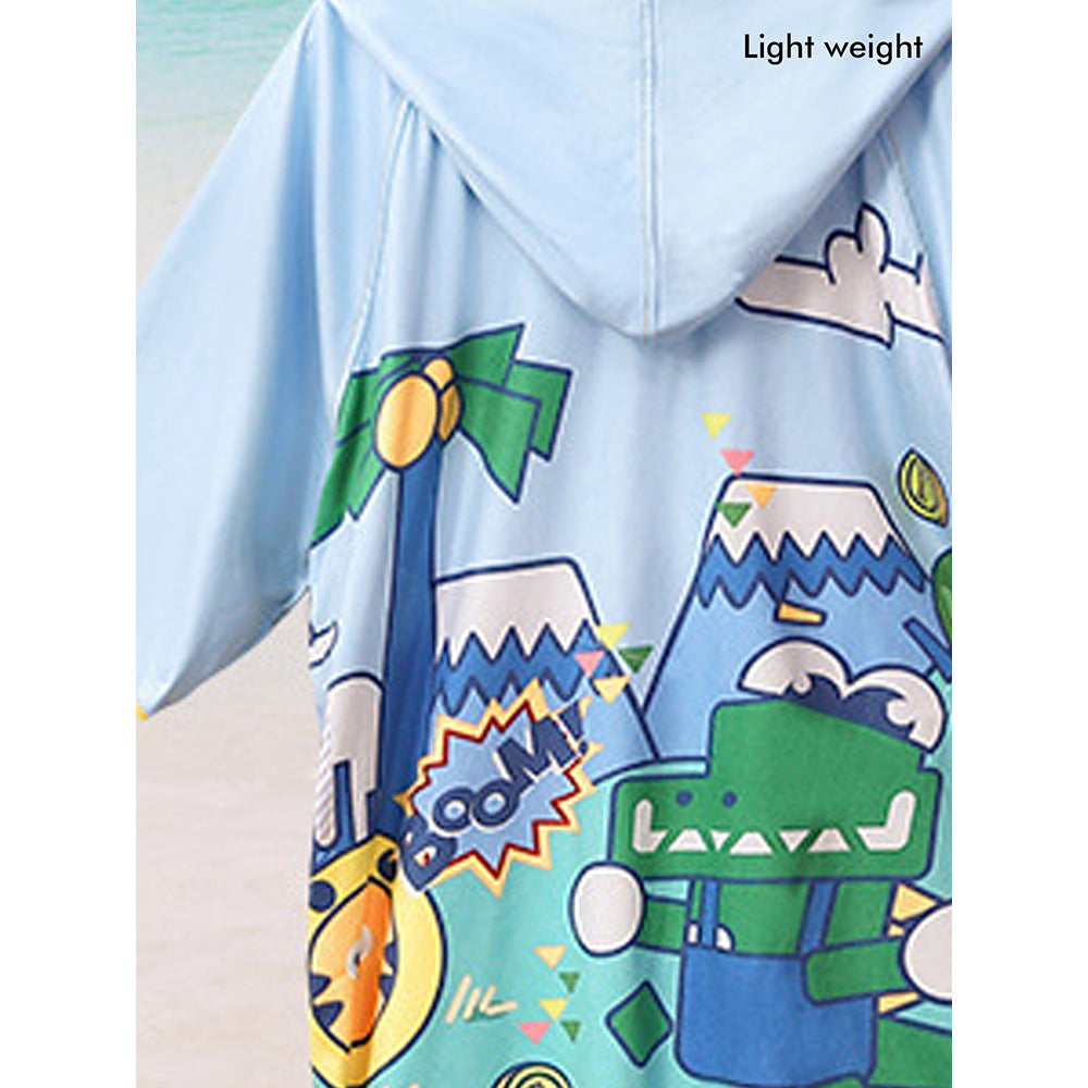 Blue Dino Lightweight Microfiber Hooded Swim Poncho/ Beach Coverup Towel For Kids.