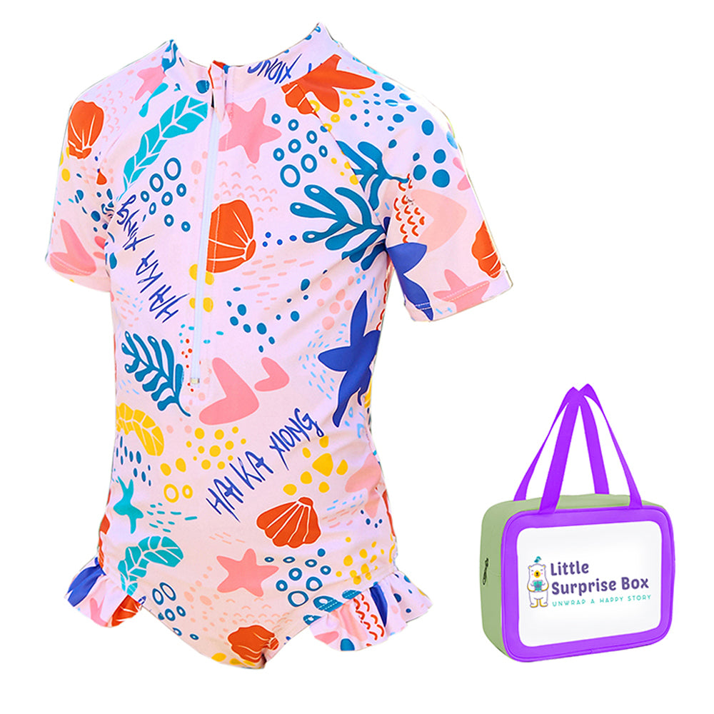 Little Surprise Box,Pink Shell Starfish Toddlers & Kids Swimwear +Swim Cap
