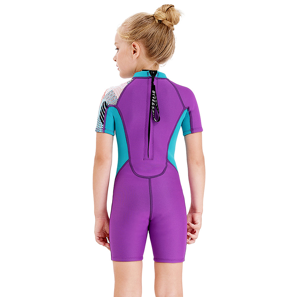 Little Surprise Box Purple Abstract Sleeve 2.5mm Neoprene Knee Length Kids Swimsuit, Half Sleeves Swimwear