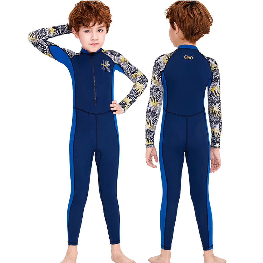 Full Sleeves Kids Swimwear Blue & Dark Blue Palm Leaves printed Sleeves, UPF 50+