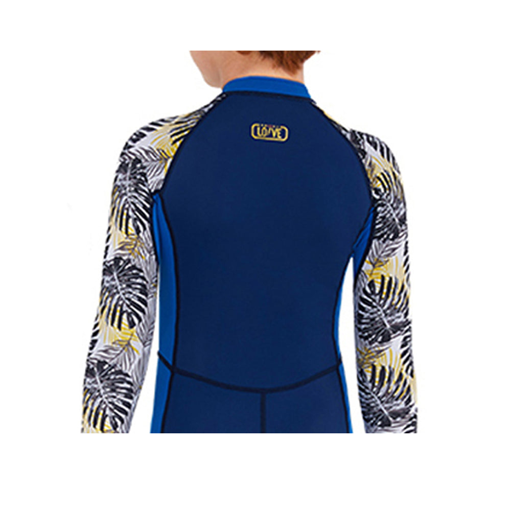 Full Sleeves Kids Swimwear Blue & Dark Blue Palm Leaves printed Sleeves, UPF 50+