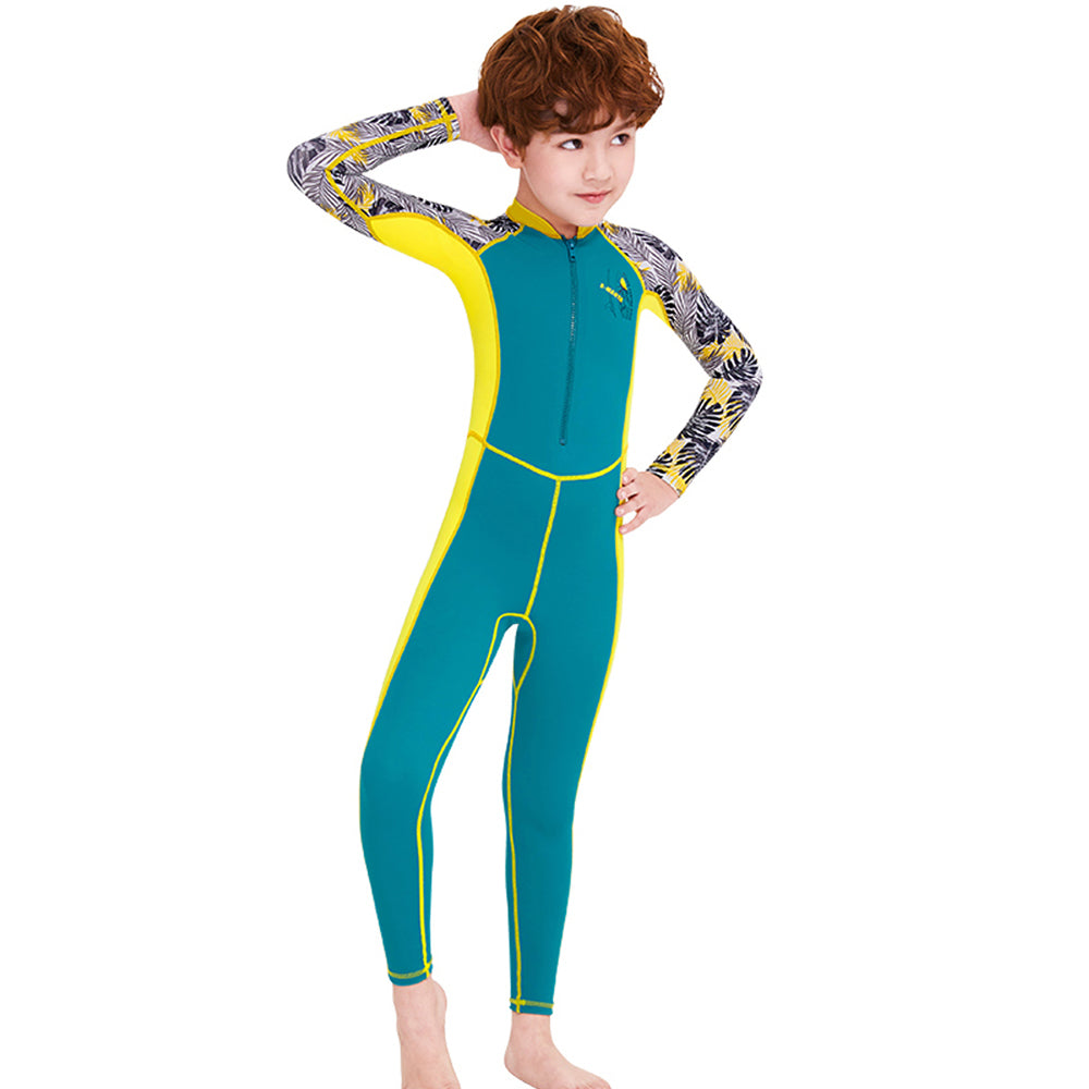 Full Sleeves Kids Swimwear Yellow & Green Palm Leaves printed Sleeves, UPF 50+