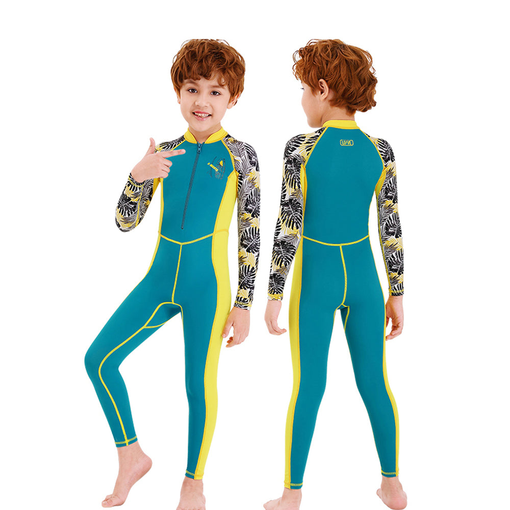 Full Sleeves Kids Swimwear Yellow & Green Palm Leaves printed Sleeves, UPF 50+