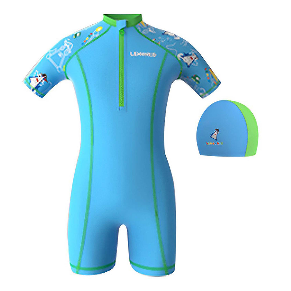 Light Blue & Green Pirates Shark Swimwear for Kids Kids Swimwear with matching Swim Cap with UPF 50+