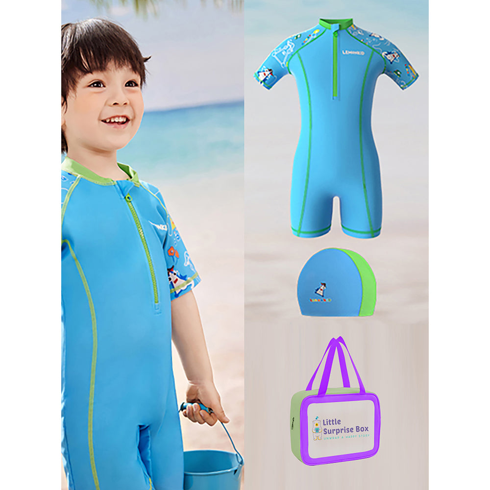 Light Blue & Green Pirates Shark Swimwear for Kids Kids Swimwear with matching Swim Cap with UPF 50+