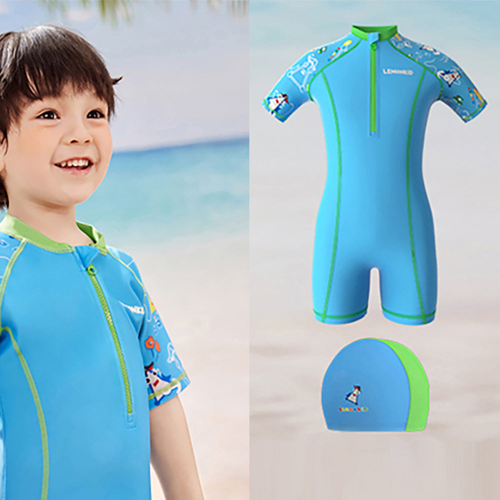 Light Blue & Green Pirates Shark Swimwear for Kids Kids Swimwear with matching Swim Cap with UPF 50+