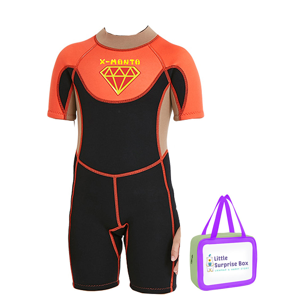 Little Surprise Box Superhero Brown & Orange 2.5mm Neoprene Knee Length Kids Swimsuit, Half Sleeves Swimwear