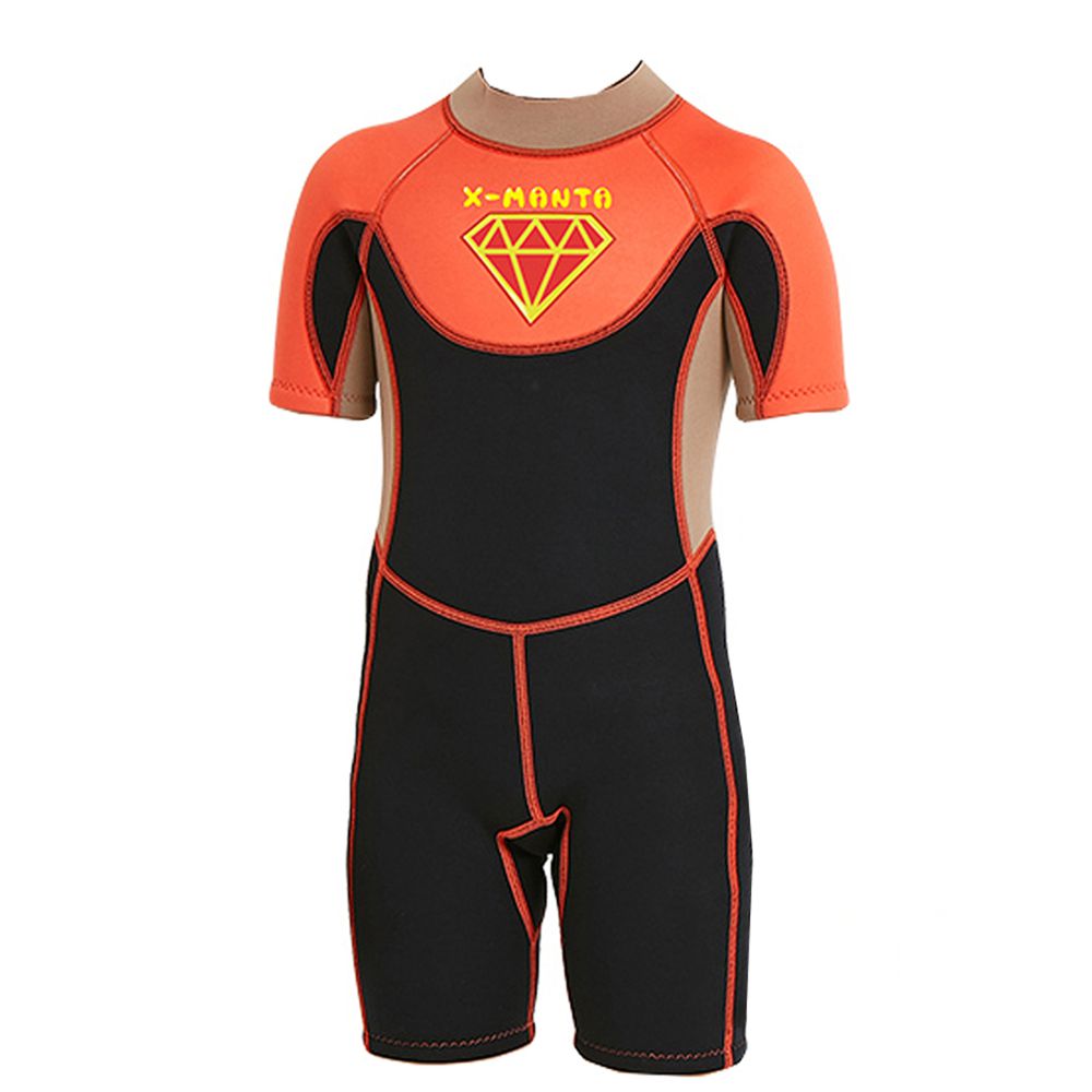 Little Surprise Box Superhero Brown & Orange 2.5mm Neoprene Knee Length Kids Swimsuit, Half Sleeves Swimwear