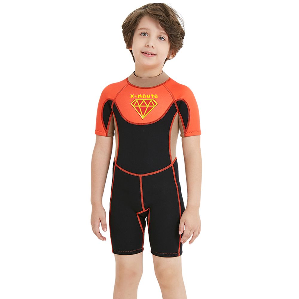Little Surprise Box Superhero Brown & Orange 2.5mm Neoprene Knee Length Kids Swimsuit, Half Sleeves Swimwear