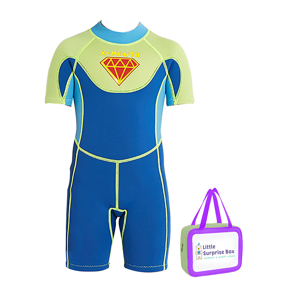 Little Surprise Box Superhero Green & Blue 2.5mm Neoprene Knee Length Kids Swimsuit, Half Sleeves Swimwear