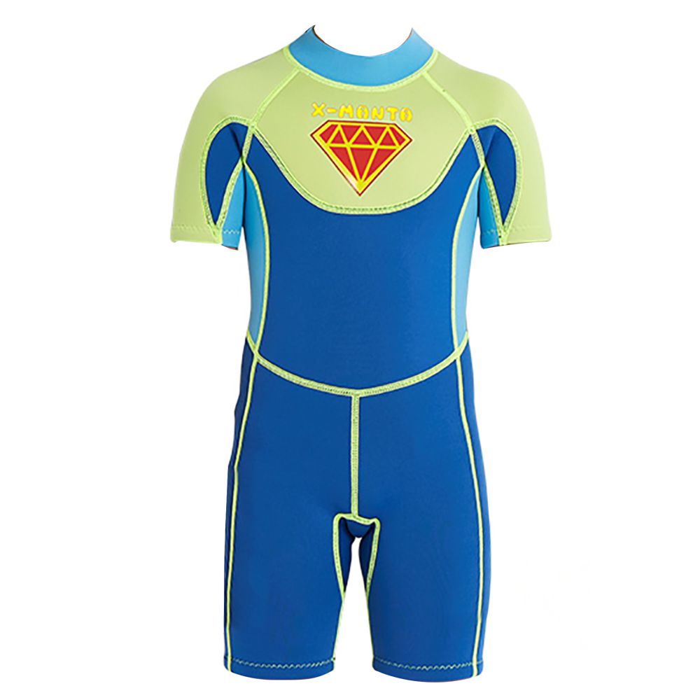 Little Surprise Box Superhero Green & Blue 2.5mm Neoprene Knee Length Kids Swimsuit, Half Sleeves Swimwear