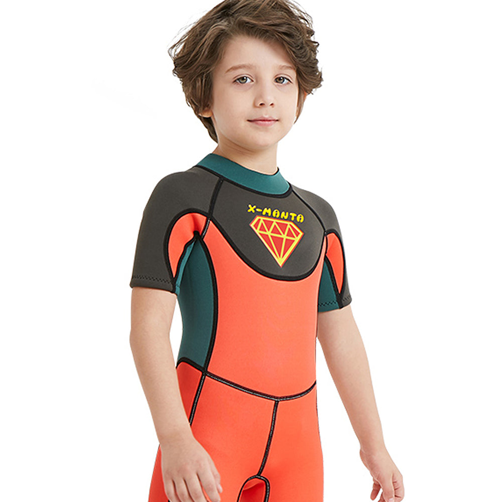 Little Surprise Box Superhero Green & Orange 2.5mm Neoprene Knee Length Kids Swimsuit, Half Sleeves Swimwear